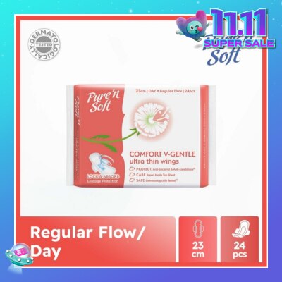 PURE N SOFT Comfort V-Gentle Ultra Thin Wings Sanitary Pad 23cm (Anti-Bacterial, Anti-Candidiasis & Dermatologically Tested) 24s