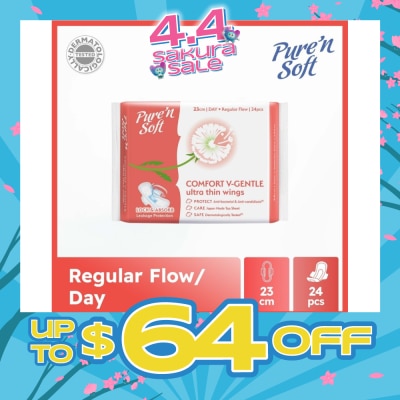 PURE N SOFT - Comfort V-Gentle Ultra Thin Wings Sanitary Pad 23cm (Anti-Bacterial, Anti-Candidiasis & Dermatologically Tested) 24s