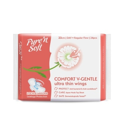 PURE N SOFT Comfort V-Gentle Ultra Thin Wings Sanitary Pad 23cm (Anti-Bacterial, Anti-Candidiasis & Dermatologically Tested) 24s