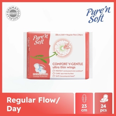 PURE N SOFT Comfort V-Gentle Ultra Thin Wings Sanitary Pad 23cm (Anti-Bacterial, Anti-Candidiasis & Dermatologically Tested) 24s