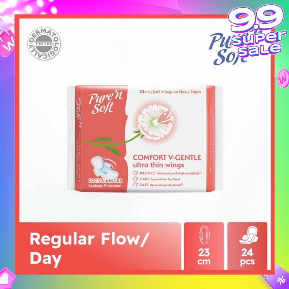 Comfort V-Gentle Ultra Thin Wings Sanitary Pad 23cm (Anti-Bacterial, Anti-Candidiasis & Dermatologically Tested) 24s