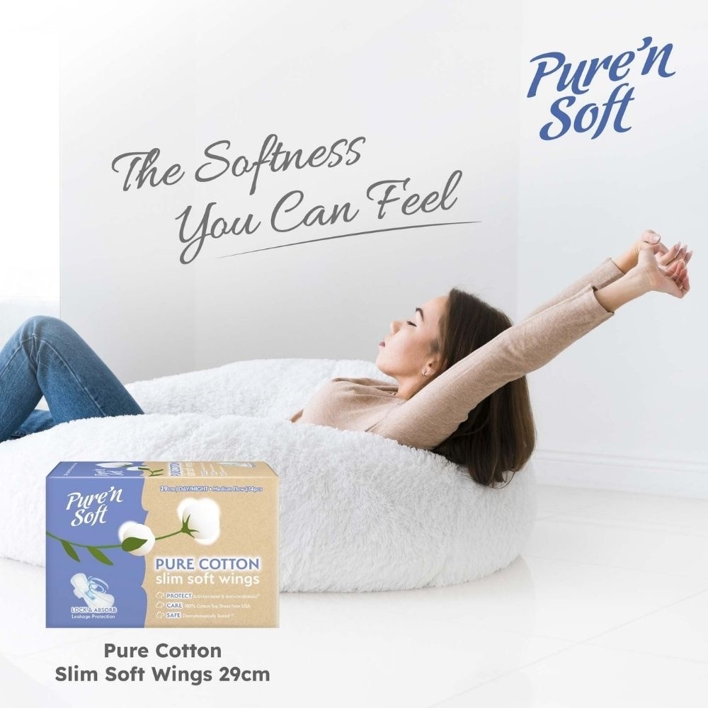 Pure Cotton Slim Soft Wings Sanitary Pad 29cm (Anti-Bacterial, Anti-Candidiasis & Dermatologically Tested) 14s