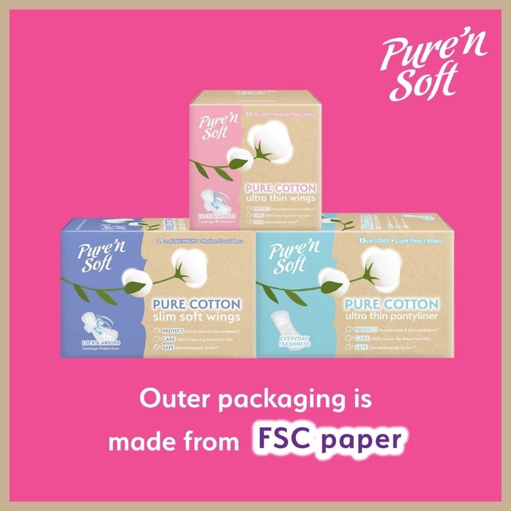 Pure Cotton Slim Soft Wings Sanitary Pad 29cm (Anti-Bacterial, Anti-Candidiasis & Dermatologically Tested) 14s