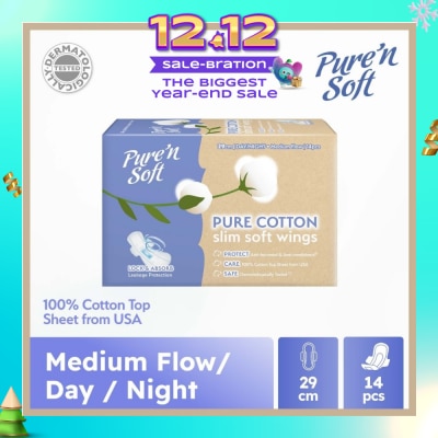 PURE N SOFT Pure Cotton Slim Soft Wings Sanitary Pad 29cm (Anti-Bacterial, Anti-Candidiasis & Dermatologically Tested) 14s