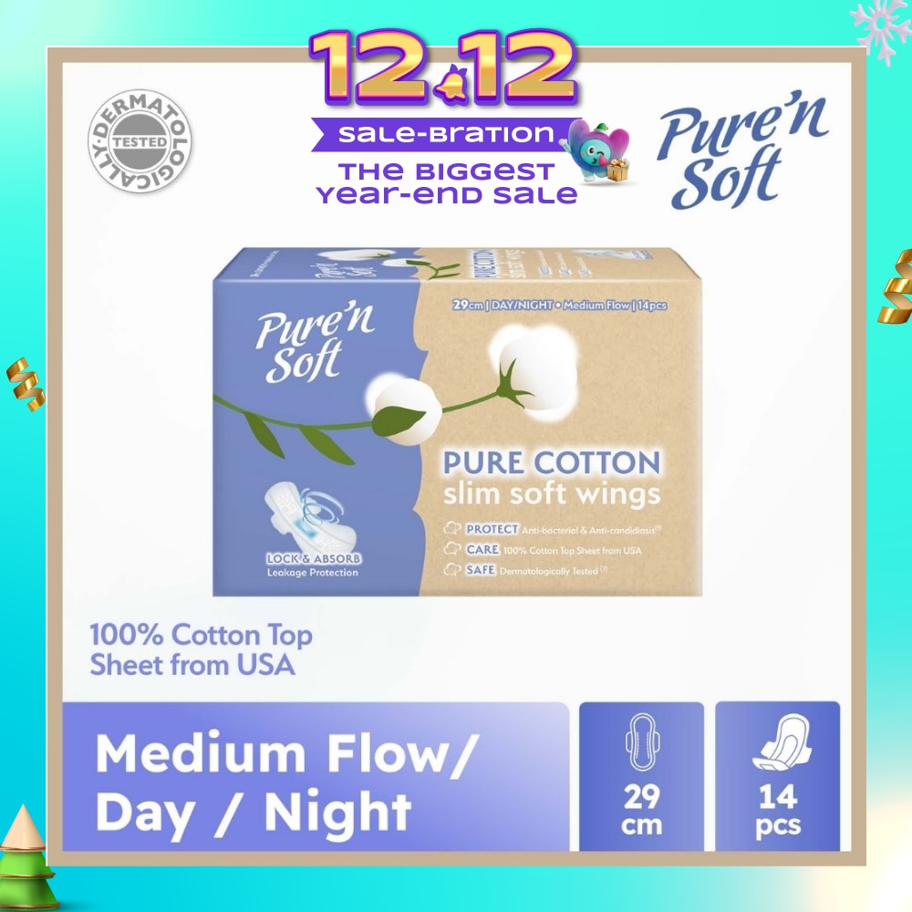 Pure Cotton Slim Soft Wings Sanitary Pad 29cm (Anti-Bacterial, Anti-Candidiasis & Dermatologically Tested) 14s