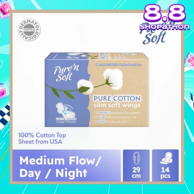 PURE N SOFT Pure Cotton Slim Soft Wings Sanitary Pad 29cm (Anti-Bacterial, Anti-Candidiasis & Dermatologically Tested) 14s