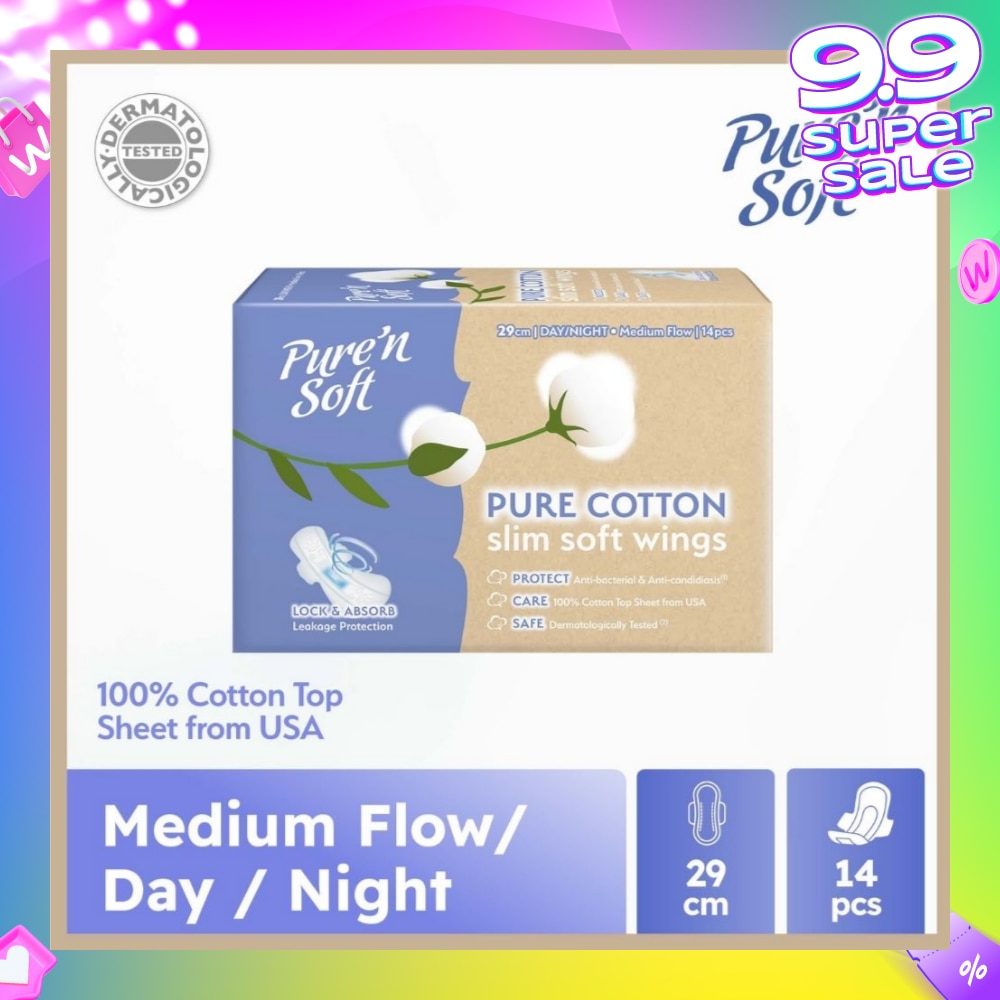 Pure Cotton Slim Soft Wings Sanitary Pad 29cm (Anti-Bacterial, Anti-Candidiasis & Dermatologically Tested) 14s