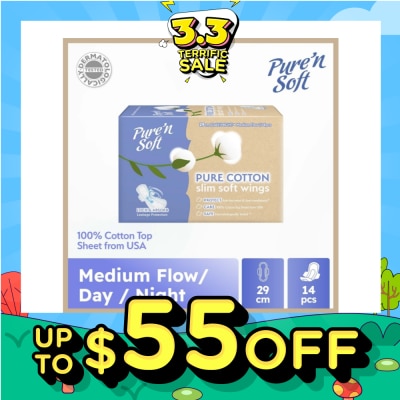 PURE N SOFT Pure Cotton Slim Soft Wings Sanitary Pad 29cm (Anti-Bacterial, Anti-Candidiasis & Dermatologically Tested) 14s