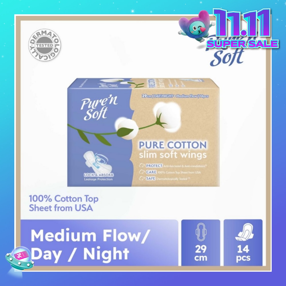 Pure Cotton Slim Soft Wings Sanitary Pad 29cm (Anti-Bacterial, Anti-Candidiasis & Dermatologically Tested) 14s
