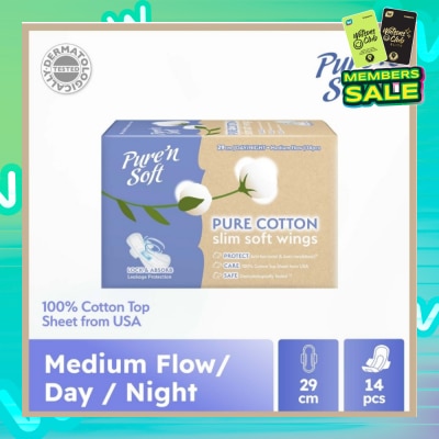 PURE N SOFT Pure Cotton Slim Soft Wings Sanitary Pad 29cm (Anti-Bacterial, Anti-Candidiasis & Dermatologically Tested) 14s