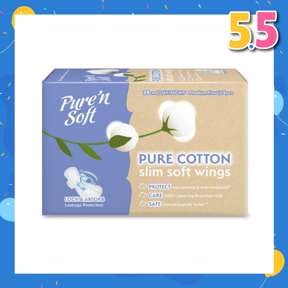 Pure Cotton Slim Soft Wings Sanitary Pad 29cm (Anti-Bacterial, Anti-Candidiasis & Dermatologically Tested) 14s