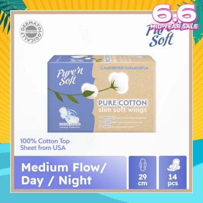 PURE N SOFT Pure Cotton Slim Soft Wings Sanitary Pad 29cm (Anti-Bacterial, Anti-Candidiasis & Dermatologically Tested) 14s