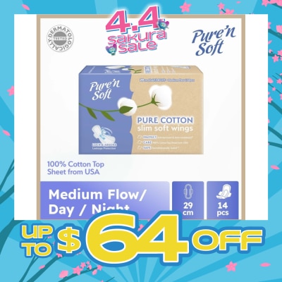 PURE N SOFT - Pure Cotton Slim Soft Wings Sanitary Pad 29cm (Anti-Bacterial, Anti-Candidiasis & Dermatologically Tested) 14s