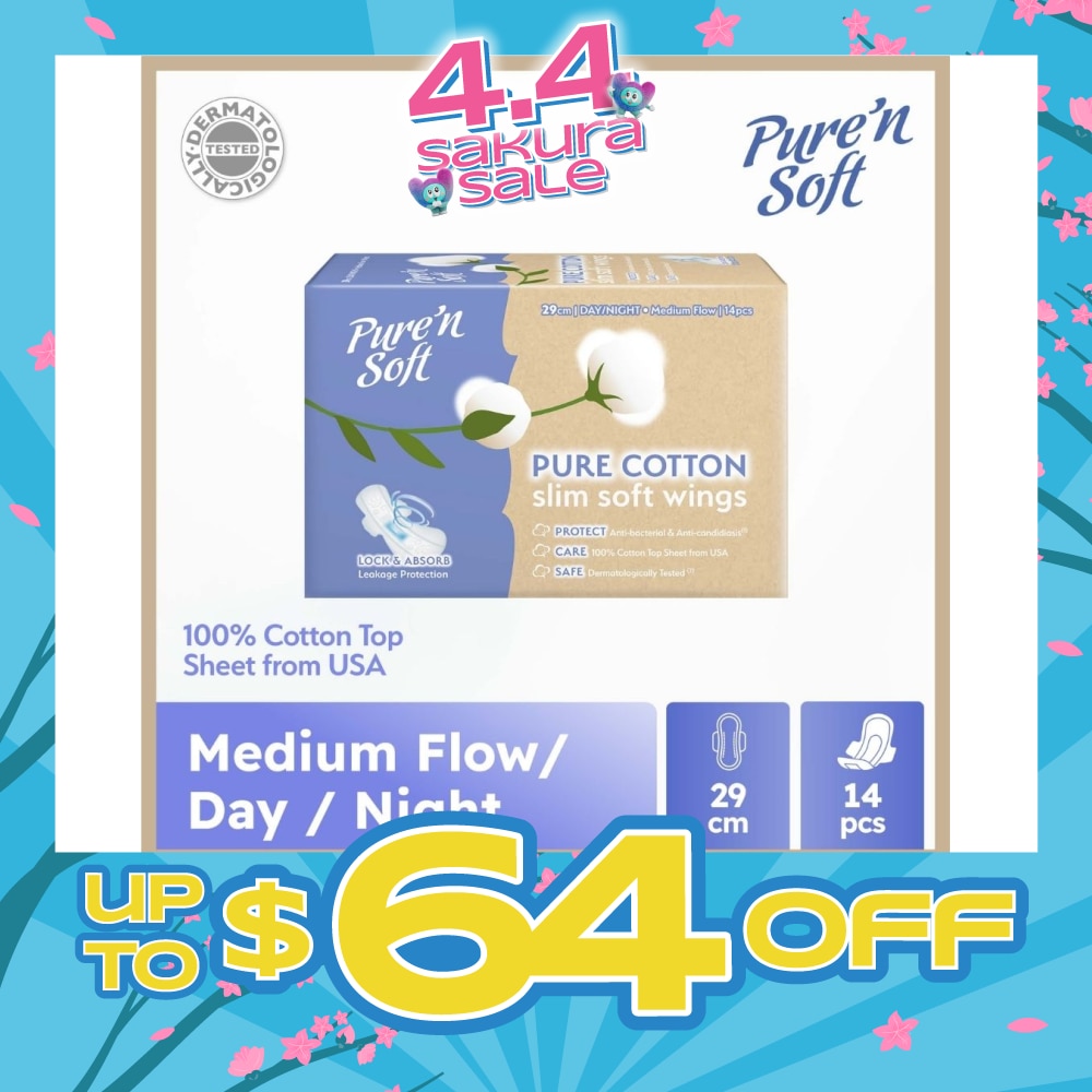 Pure Cotton Slim Soft Wings Sanitary Pad 29cm (Anti-Bacterial, Anti-Candidiasis & Dermatologically Tested) 14s