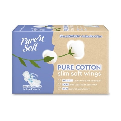 PURE N SOFT Pure Cotton Slim Soft Wings Sanitary Pad 29cm (Anti-Bacterial, Anti-Candidiasis & Dermatologically Tested) 14s