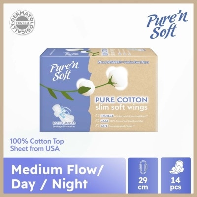 PURE N SOFT Pure Cotton Slim Soft Wings Sanitary Pad 29cm (Anti-Bacterial, Anti-Candidiasis & Dermatologically Tested) 14s