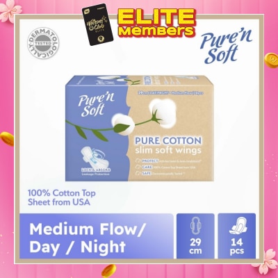 PURE N SOFT Pure Cotton Slim Soft Wings Sanitary Pad 29cm (Anti-Bacterial, Anti-Candidiasis & Dermatologically Tested) 14s