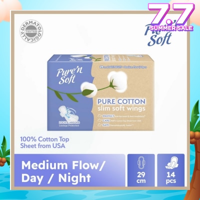 PURE N SOFT Pure Cotton Slim Soft Wings Sanitary Pad 29cm (Anti-Bacterial, Anti-Candidiasis & Dermatologically Tested) 14s