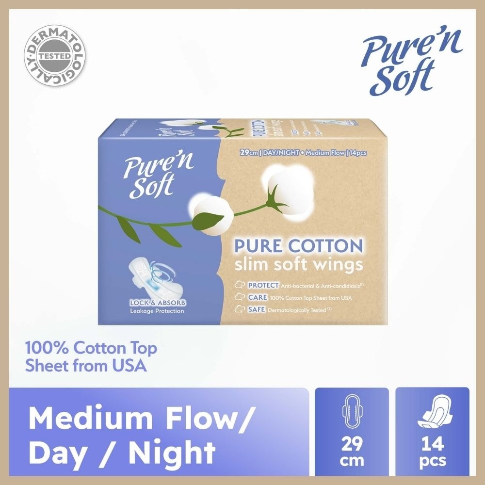 Pure Cotton Slim Soft Wings Sanitary Pad 29cm (Anti-Bacterial, Anti-Candidiasis & Dermatologically Tested) 14s