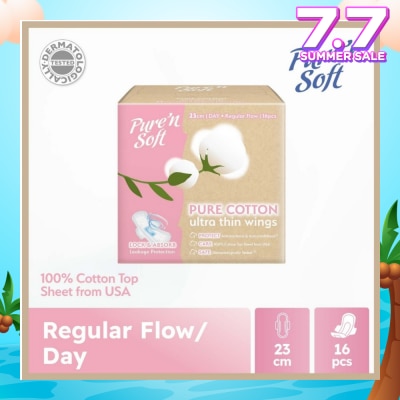 PURE N SOFT Pure Cotton Ultra Thin Wings Sanitary Pad 23cm (Anti-Bacterial, Anti-Candidiasis & Dermatologically Tested) 16s