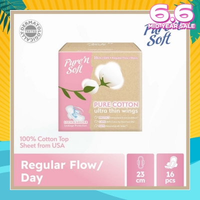 PURE N SOFT Pure Cotton Ultra Thin Wings Sanitary Pad 23cm (Anti-Bacterial, Anti-Candidiasis & Dermatologically Tested) 16s