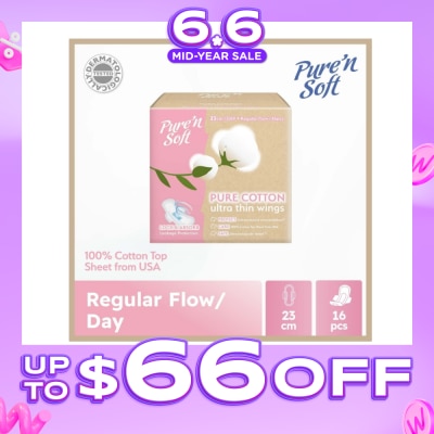 PURE N SOFT - Pure Cotton Ultra Thin Wings Sanitary Pad 23cm (Anti-Bacterial, Anti-Candidiasis & Dermatologically Tested) 16s