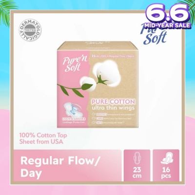 PURE N SOFT Pure Cotton Ultra Thin Wings Sanitary Pad 23cm (Anti-Bacterial, Anti-Candidiasis & Dermatologically Tested) 16s