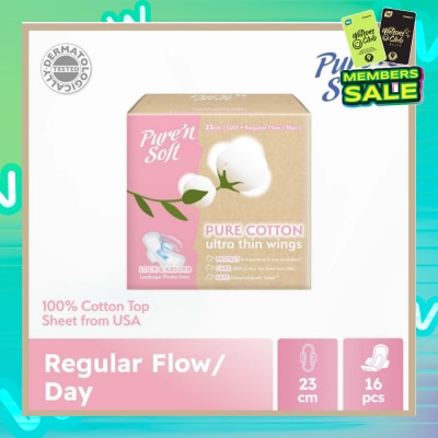PURE N SOFT Pure Cotton Ultra Thin Wings Sanitary Pad 23cm (Anti-Bacterial, Anti-Candidiasis & Dermatologically Tested) 16s