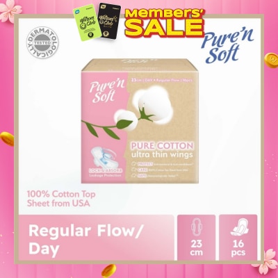 PURE N SOFT Pure Cotton Ultra Thin Wings Sanitary Pad 23cm (Anti-Bacterial, Anti-Candidiasis & Dermatologically Tested) 16s