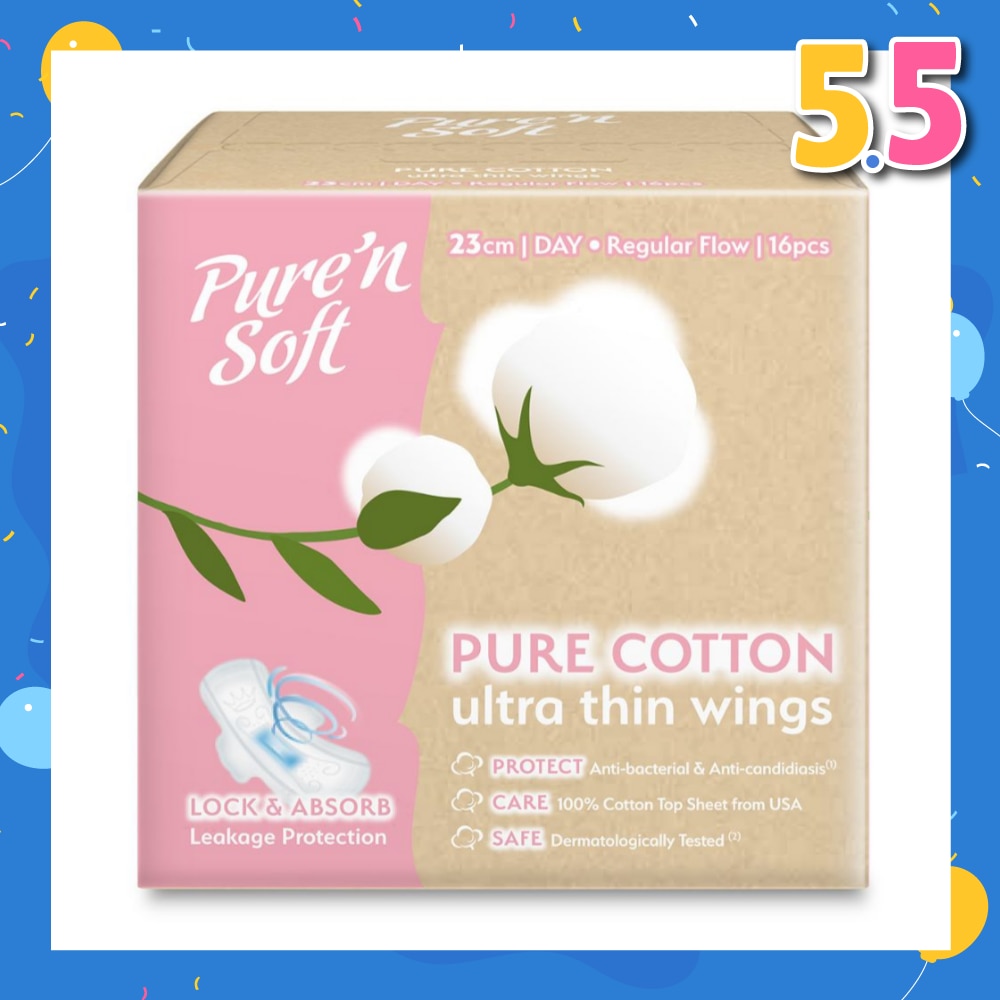 Pure Cotton Ultra Thin Wings Sanitary Pad 23cm (Anti-Bacterial, Anti-Candidiasis & Dermatologically Tested) 16s
