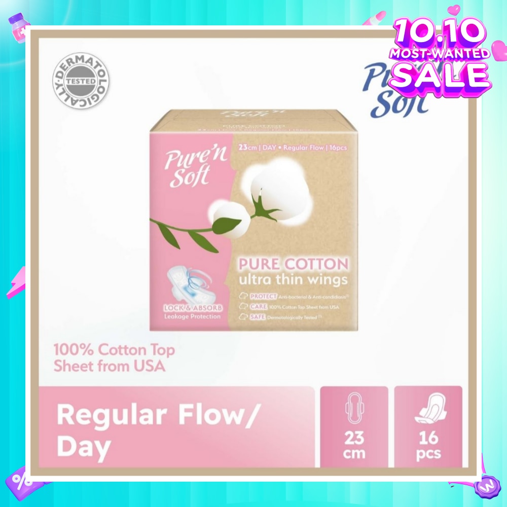 Pure Cotton Ultra Thin Wings Sanitary Pad 23cm (Anti-Bacterial, Anti-Candidiasis & Dermatologically Tested) 16s