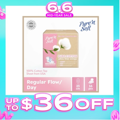 PURE N SOFT - Pure Cotton Ultra Thin Wings Sanitary Pad 23cm (Anti-Bacterial, Anti-Candidiasis & Dermatologically Tested) 16s