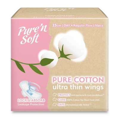 PURE N SOFT Pure Cotton Ultra Thin Wings Sanitary Pad 23cm (Anti-Bacterial, Anti-Candidiasis & Dermatologically Tested) 16s