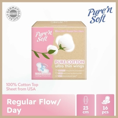 PURE N SOFT Pure Cotton Ultra Thin Wings Sanitary Pad 23cm (Anti-Bacterial, Anti-Candidiasis & Dermatologically Tested) 16s