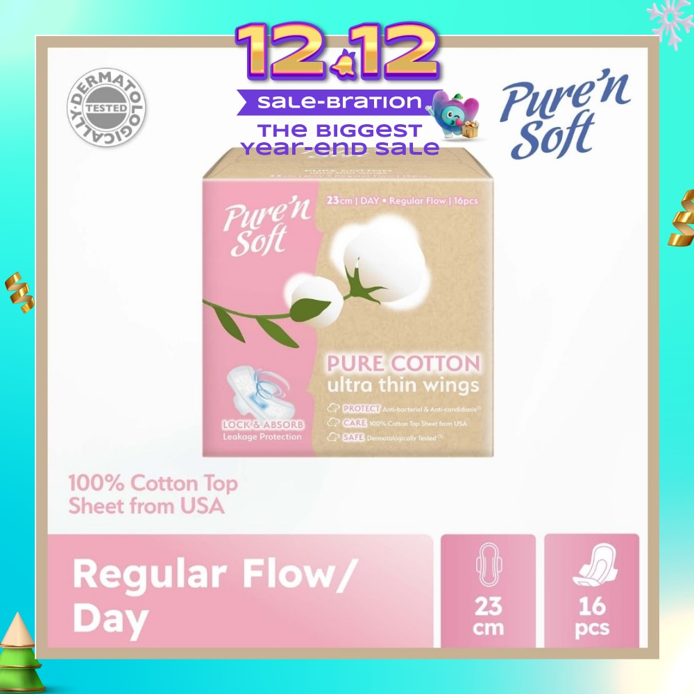 Pure Cotton Ultra Thin Wings Sanitary Pad 23cm (Anti-Bacterial, Anti-Candidiasis & Dermatologically Tested) 16s
