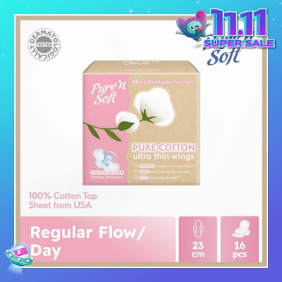 PURE N SOFT Pure Cotton Ultra Thin Wings Sanitary Pad 23cm (Anti-Bacterial, Anti-Candidiasis & Dermatologically Tested) 16s