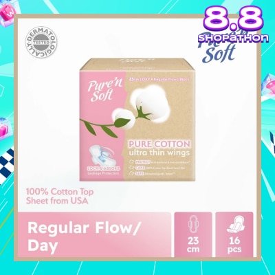 PURE N SOFT Pure Cotton Ultra Thin Wings Sanitary Pad 23cm (Anti-Bacterial, Anti-Candidiasis & Dermatologically Tested) 16s