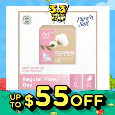 PURE N SOFT Pure Cotton Ultra Thin Wings Sanitary Pad 23cm (Anti-Bacterial, Anti-Candidiasis & Dermatologically Tested) 16s