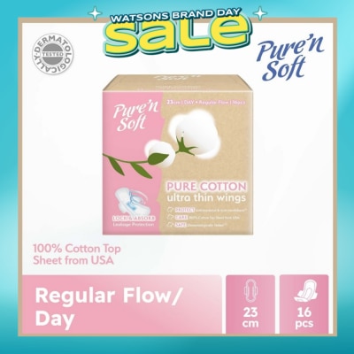 PURE N SOFT - Pure Cotton Ultra Thin Wings Sanitary Pad 23cm (Anti-Bacterial, Anti-Candidiasis & Dermatologically Tested) 16s