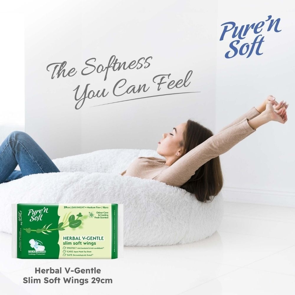 Herbal V-Gentle Slim Soft Wings Sanitary Pad 29cm (Odour Care, Cooling Fresh & Dermatologically Tested) 18s