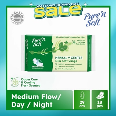 PURE N SOFT - Herbal V-Gentle Slim Soft Wings Sanitary Pad 29cm (Odour Care, Cooling Fresh & Dermatologically Tested) 18s