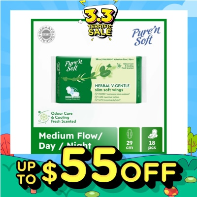 PURE N SOFT Herbal V-Gentle Slim Soft Wings Sanitary Pad 29cm (Odour Care, Cooling Fresh & Dermatologically Tested) 18s