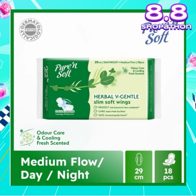 PURE N SOFT Herbal V-Gentle Slim Soft Wings Sanitary Pad 29cm (Odour Care, Cooling Fresh & Dermatologically Tested) 18s