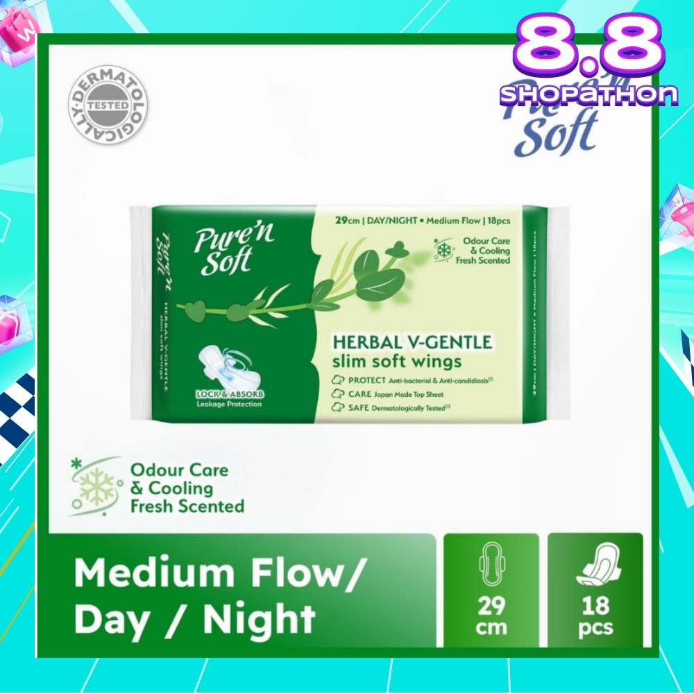 Herbal V-Gentle Slim Soft Wings Sanitary Pad 29cm (Odour Care, Cooling Fresh & Dermatologically Tested) 18s