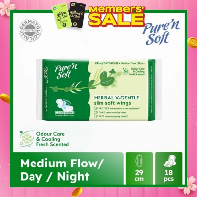 PURE N SOFT Herbal V-Gentle Slim Soft Wings Sanitary Pad 29cm (Odour Care, Cooling Fresh & Dermatologically Tested) 18s