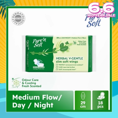 PURE N SOFT Herbal V-Gentle Slim Soft Wings Sanitary Pad 29cm (Odour Care, Cooling Fresh & Dermatologically Tested) 18s
