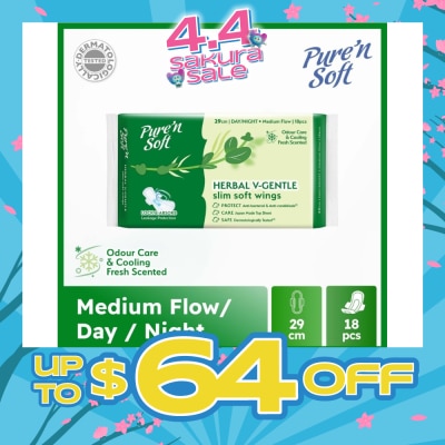 PURE N SOFT - Herbal V-Gentle Slim Soft Wings Sanitary Pad 29cm (Odour Care, Cooling Fresh & Dermatologically Tested) 18s