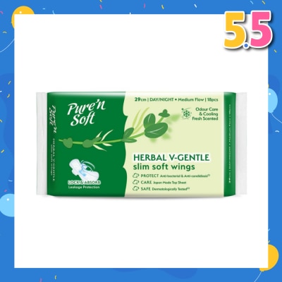 PURE N SOFT Herbal V-Gentle Slim Soft Wings Sanitary Pad 29cm (Odour Care, Cooling Fresh & Dermatologically Tested) 18s