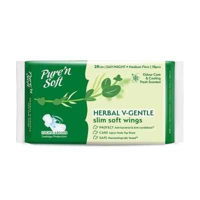 PURE N SOFT Herbal V-Gentle Slim Soft Wings Sanitary Pad 29cm (Odour Care, Cooling Fresh & Dermatologically Tested) 18s