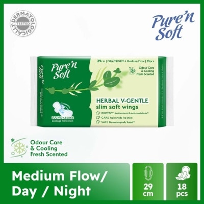 PURE N SOFT Herbal V-Gentle Slim Soft Wings Sanitary Pad 29cm (Odour Care, Cooling Fresh & Dermatologically Tested) 18s